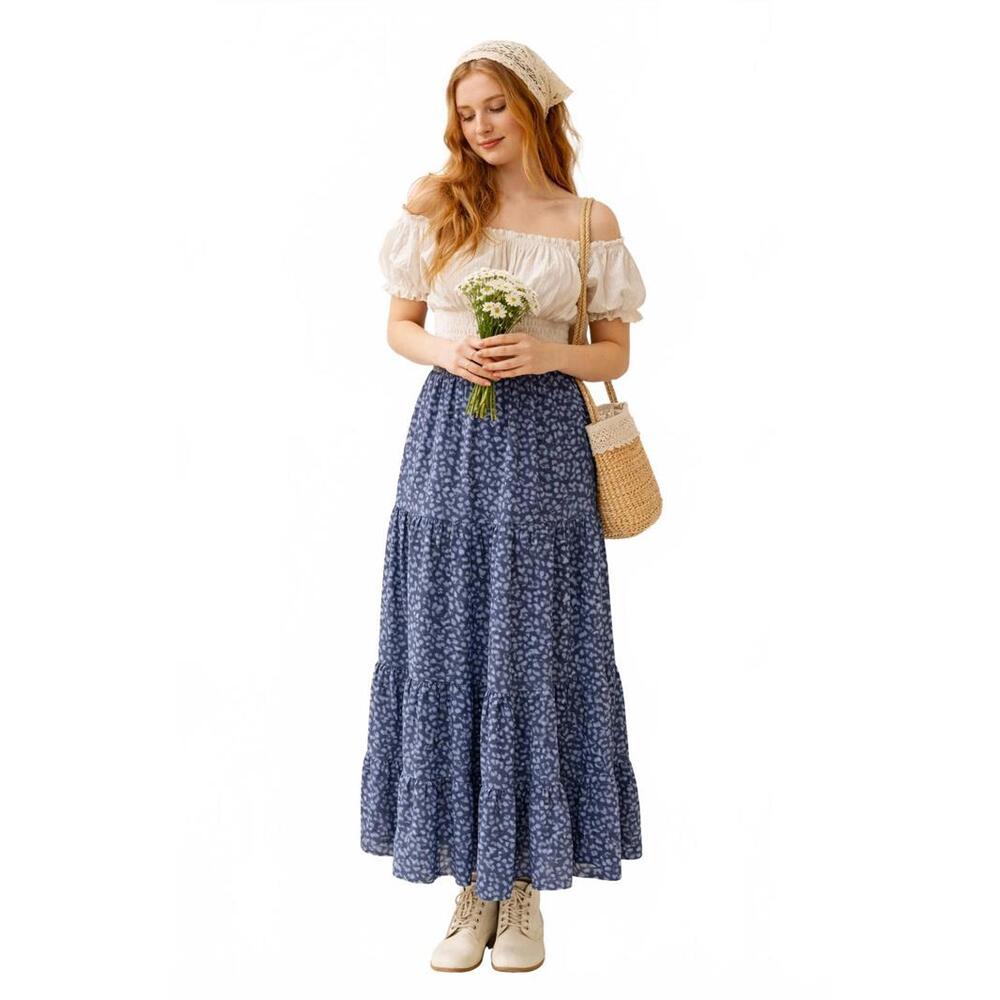 Aerie Boho Cottagecore Tiered Maxi Skirt – Blue Leopard Print - Women’s Size XXL